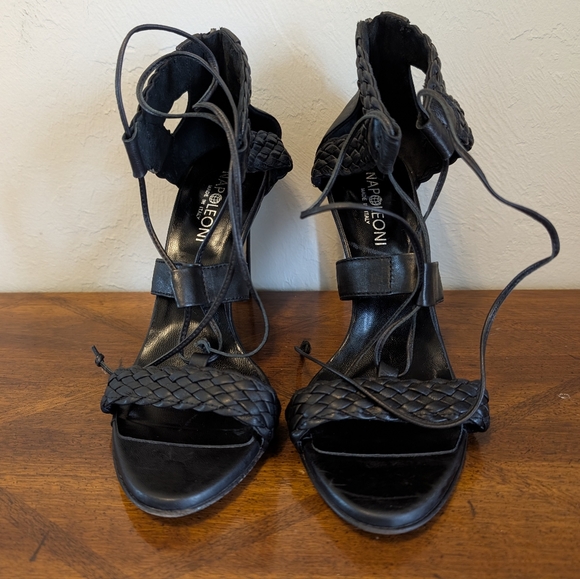 Napoleoni Italy Black Leather Heels Woven Strappy Lace-Up Sandals Size 38 - Picture 1 of 12